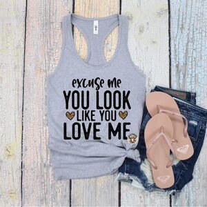 Next Level Apparel Gray Racerback Tank with Black Text & Gold Heart Accents